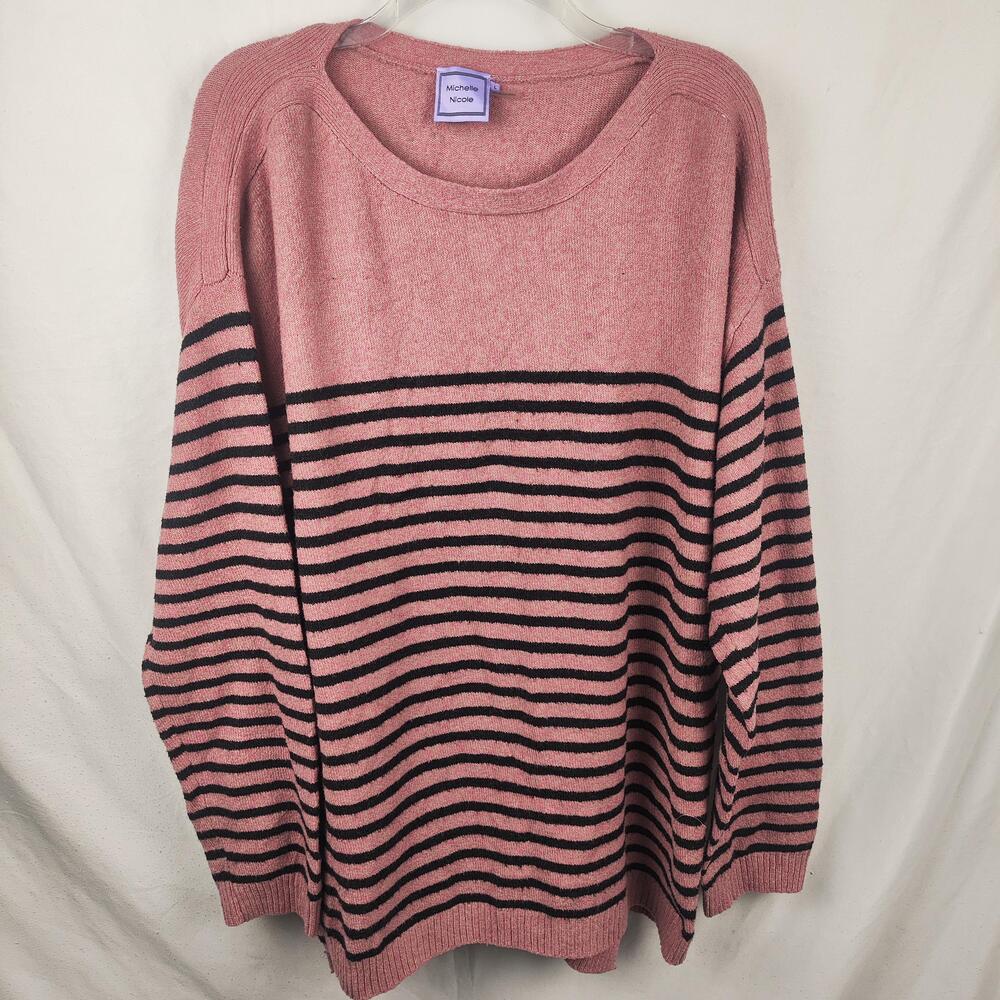 Michelle Nicole Sweater Womens Large Pink Black Stripe Knit Crew Neck Pullover